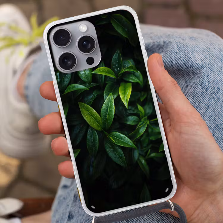 Telefoonhoesje met koord - Bladeren - Regendruppels - Licht - Groen — 2
