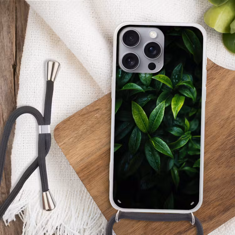 Telefoonhoesje met koord - Bladeren - Regendruppels - Licht - Groen — 3