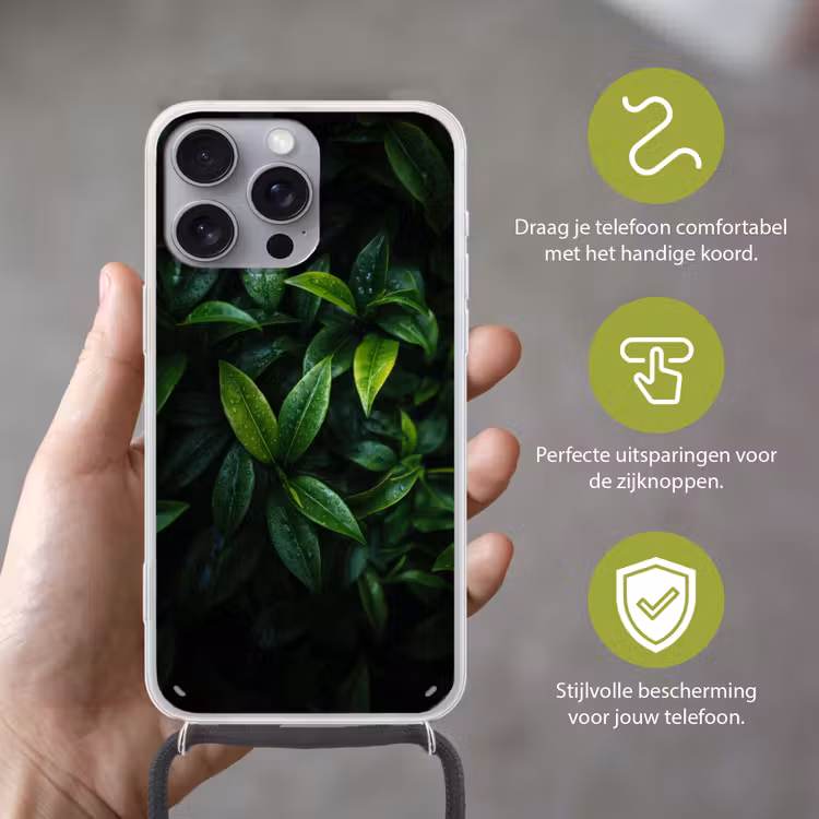 Telefoonhoesje met koord - Bladeren - Regendruppels - Licht - Groen — 4