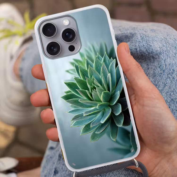 Telefoonhoesje met koord - Vetplant - Bladeren - Groen - Wazig — 2