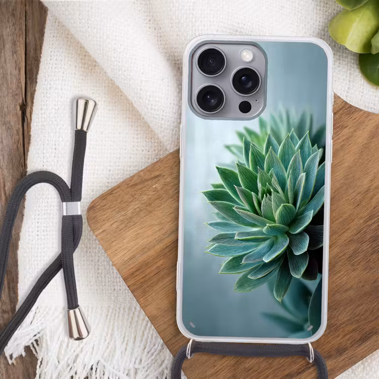Telefoonhoesje met koord - Vetplant - Bladeren - Groen - Wazig — 3