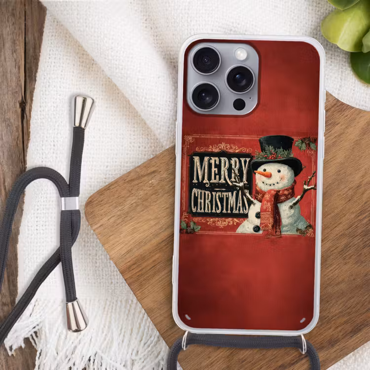 Telefoonhoesje met koord - Klassiek - Kerstgroet - Sneeuwpop - Rood — 3