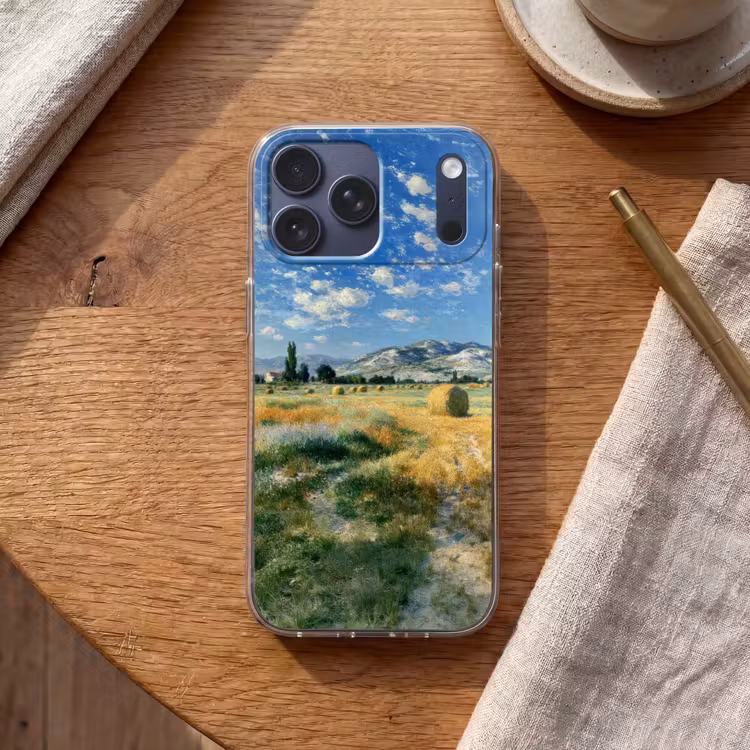 Telefoonhoesje Softcase - Landschap - Strobalen - Bergen - Wolken — 2