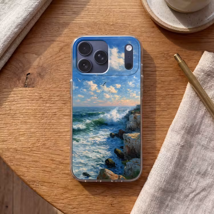 Telefoonhoesje Softcase - Zee - Golven - Rotsen - Meeuwen — 2