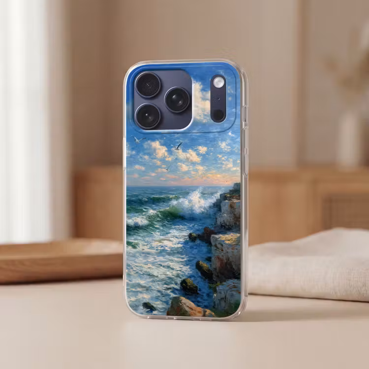 Telefoonhoesje Softcase - Zee - Golven - Rotsen - Meeuwen — 3