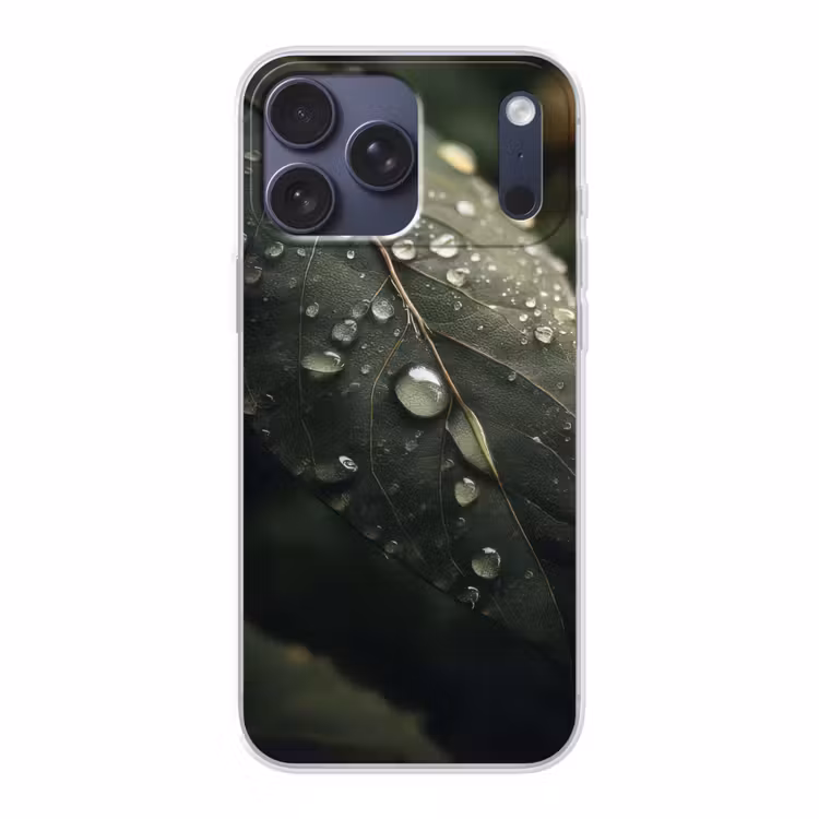 Telefoonhoesje Softcase - Blad - Groen - Nerven - Regendruppels — 1