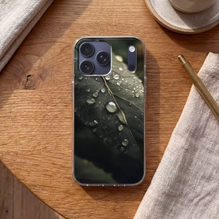 Telefoonhoesje Softcase - Blad - Groen - Nerven - Regendruppels — 2