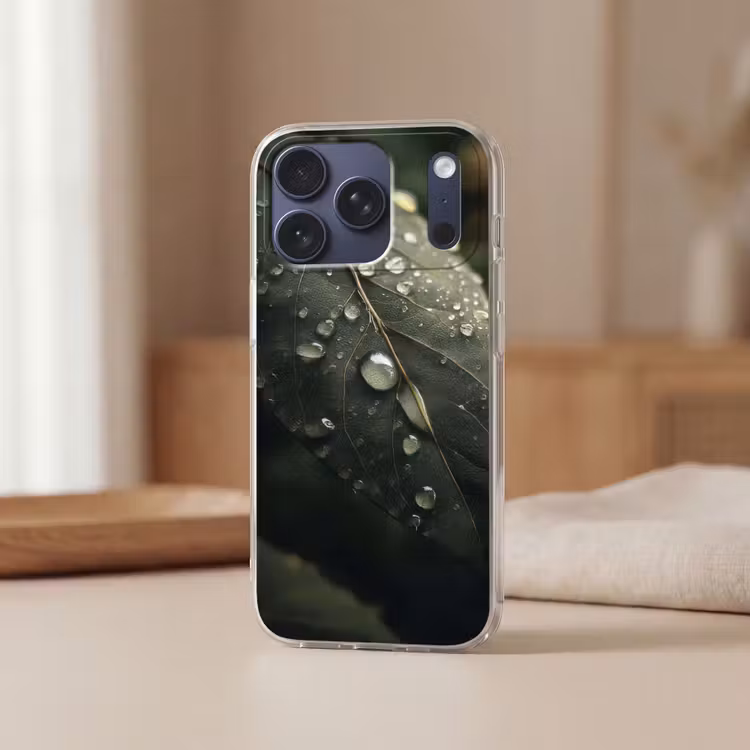 Telefoonhoesje Softcase - Blad - Groen - Nerven - Regendruppels — 3