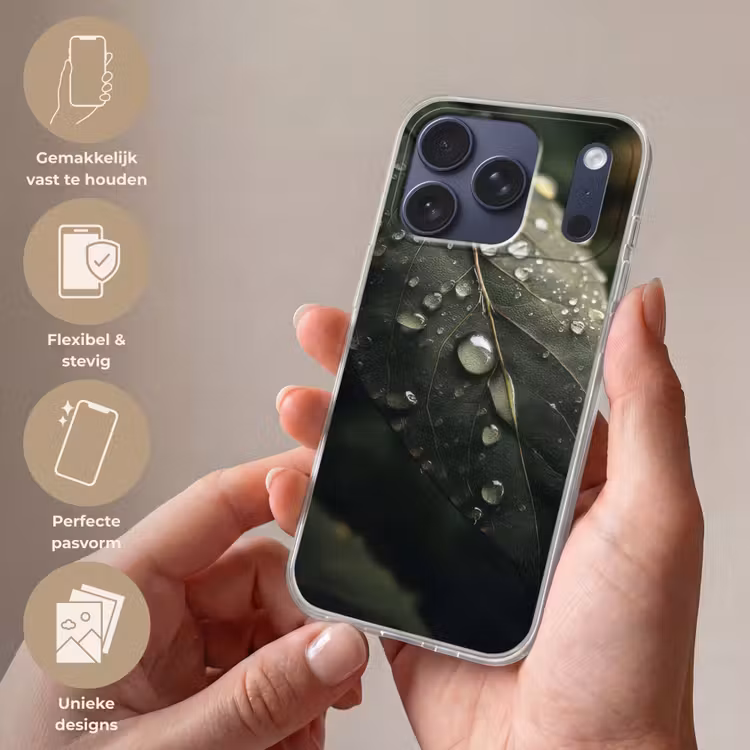 Telefoonhoesje Softcase - Blad - Groen - Nerven - Regendruppels — 4