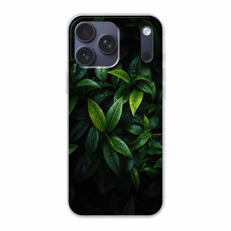 Telefoonhoesje Softcase - Bladeren - Regendruppels - Licht - Groen — 1