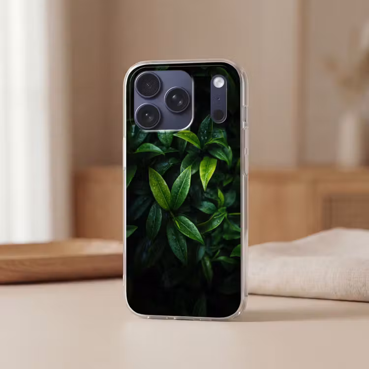 Telefoonhoesje Softcase - Bladeren - Regendruppels - Licht - Groen — 3