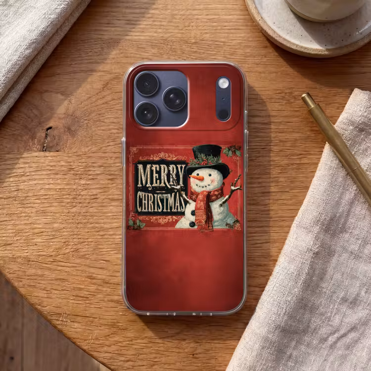 Telefoonhoesje Softcase - Klassiek - Kerstgroet - Sneeuwpop - Rood — 2