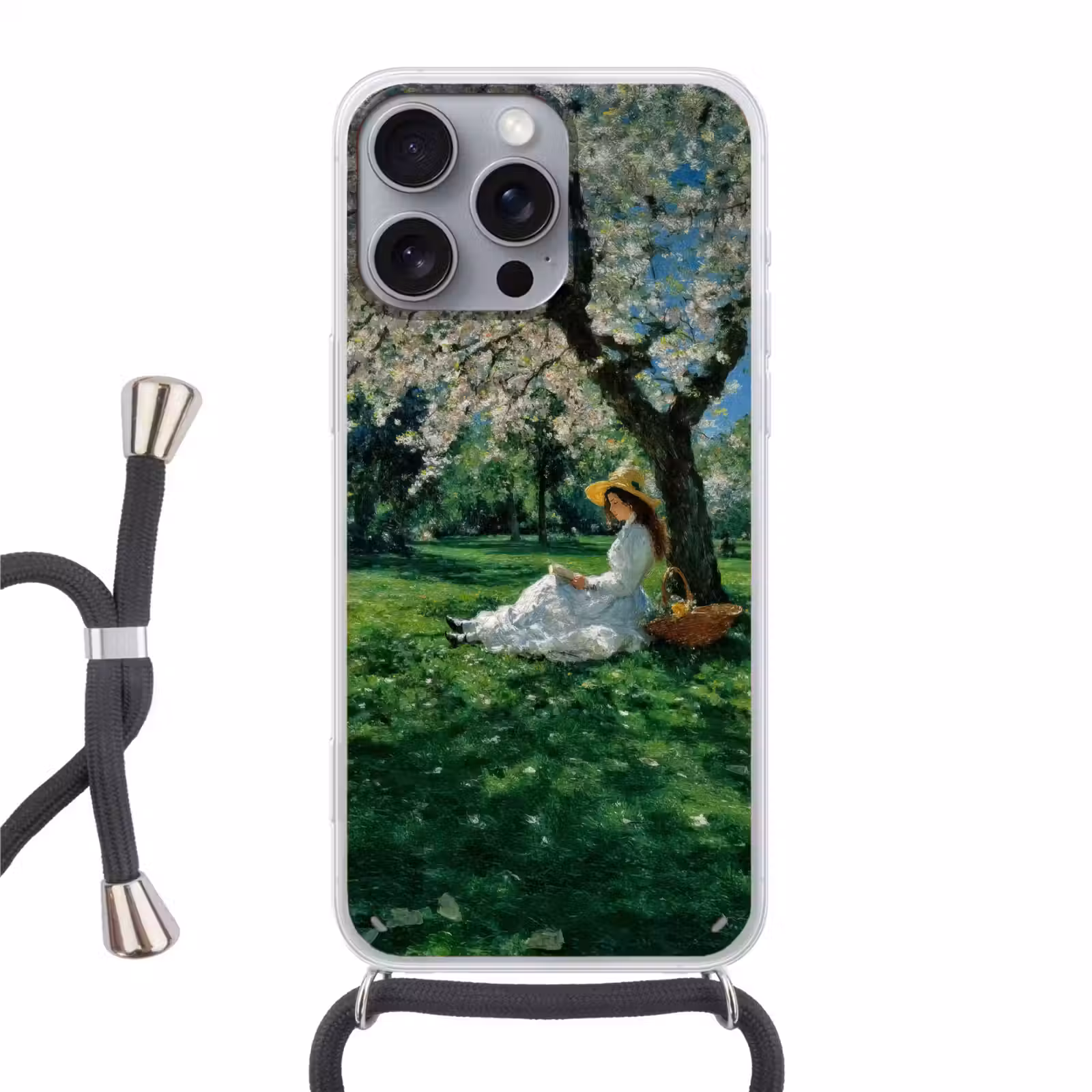 Telefoonhoesje met koord - Vrouw - Boom - Boek - Mandje — 1