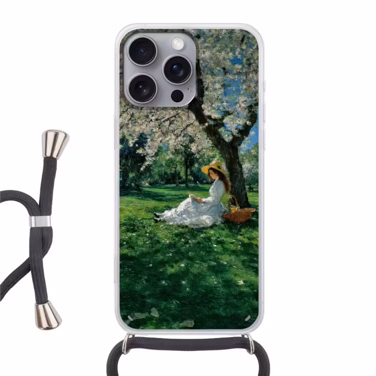 Telefoonhoesje met koord - Vrouw - Boom - Boek - Mandje — 1