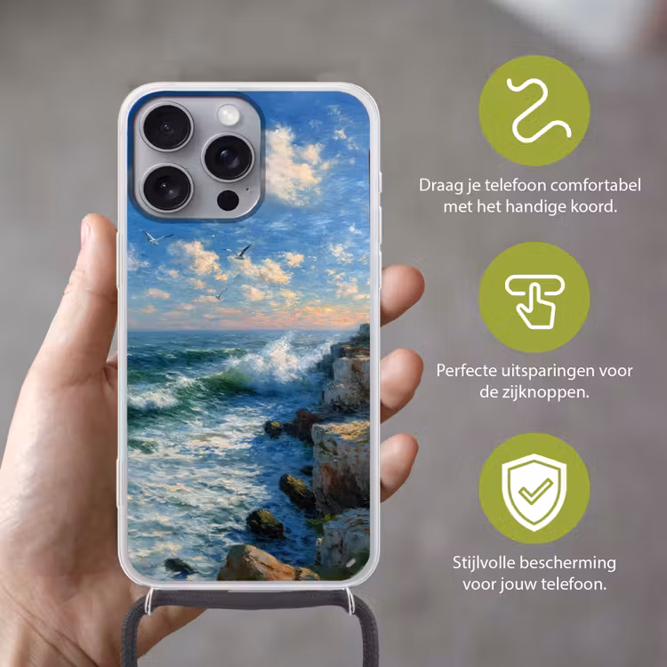 Telefoonhoesje met koord - Zee - Golven - Rotsen - Meeuwen — 4