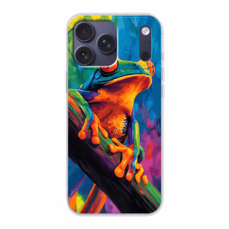 Telefoonhoesje Softcase - Kikker - Felgekleurd - Tak - Regenboog — 1