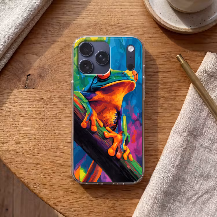 Telefoonhoesje Softcase - Kikker - Felgekleurd - Tak - Regenboog — 2