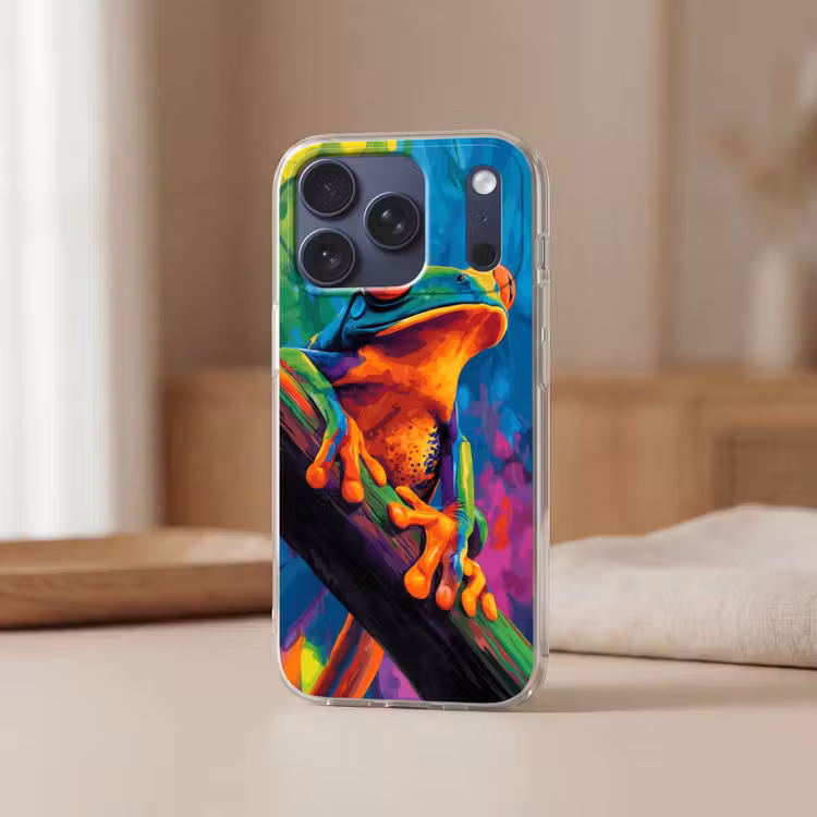 Telefoonhoesje Softcase - Kikker - Felgekleurd - Tak - Regenboog — 3