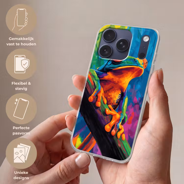 Telefoonhoesje Softcase - Kikker - Felgekleurd - Tak - Regenboog — 4
