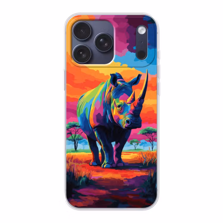 Telefoonhoesje Softcase - Neushoorn - Zonsondergang - Savanna - Kleurrijk — 1