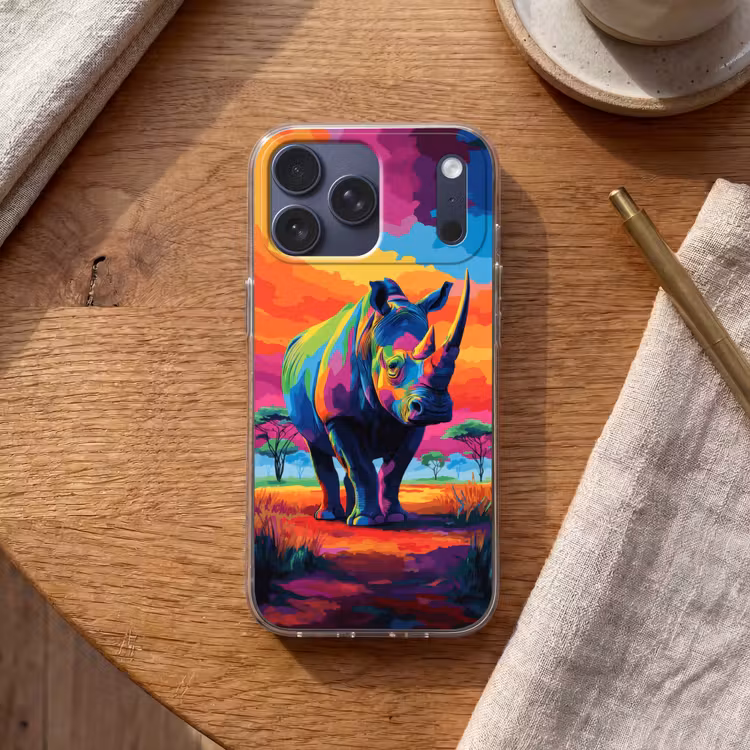 Telefoonhoesje Softcase - Neushoorn - Zonsondergang - Savanna - Kleurrijk — 2