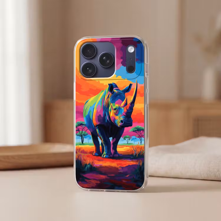 Telefoonhoesje Softcase - Neushoorn - Zonsondergang - Savanna - Kleurrijk — 3