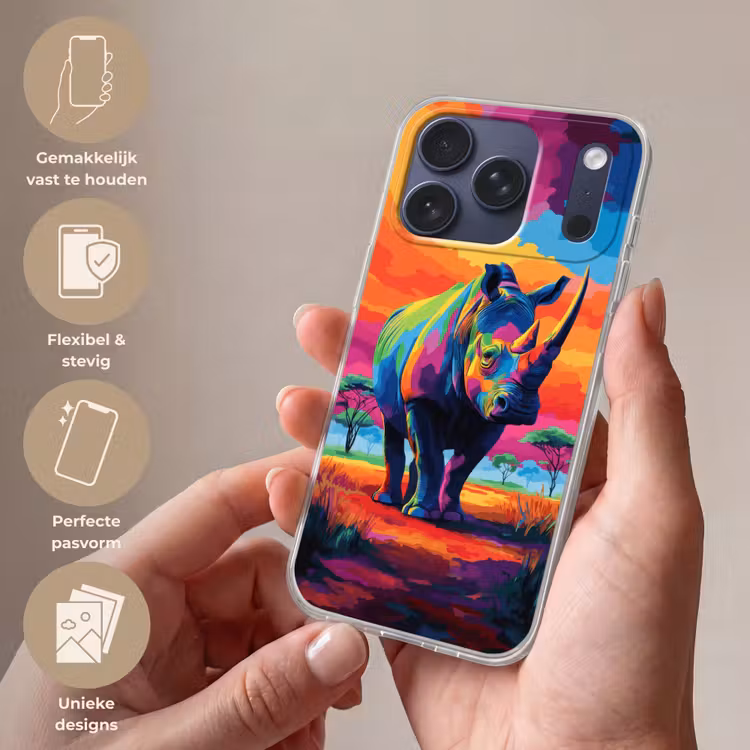 Telefoonhoesje Softcase - Neushoorn - Zonsondergang - Savanna - Kleurrijk — 4