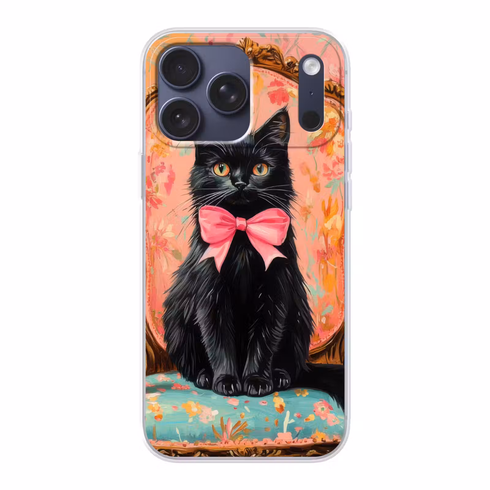Telefoonhoesje Softcase - Kat - Roze - Stoel met bloemenmotief — 1