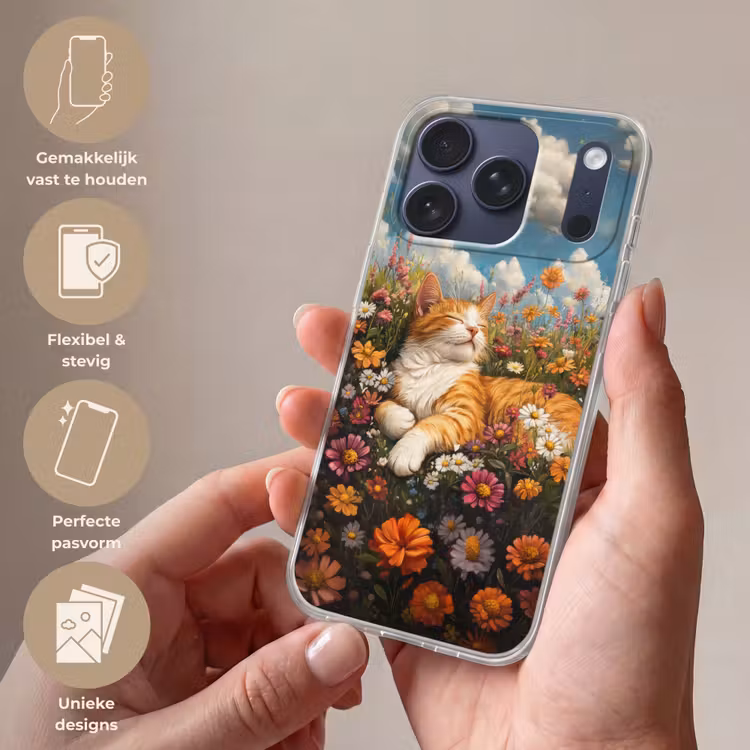 Telefoonhoesje Softcase - Kat - Bloemen - Ontspannen — 4