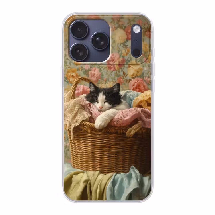 Telefoonhoesje Softcase - Kat - Bloemenprint - Rieten mand — 1