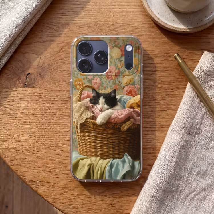Telefoonhoesje Softcase - Kat - Bloemenprint - Rieten mand — 2
