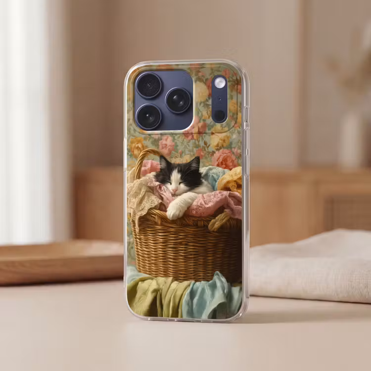 Telefoonhoesje Softcase - Kat - Bloemenprint - Rieten mand — 3