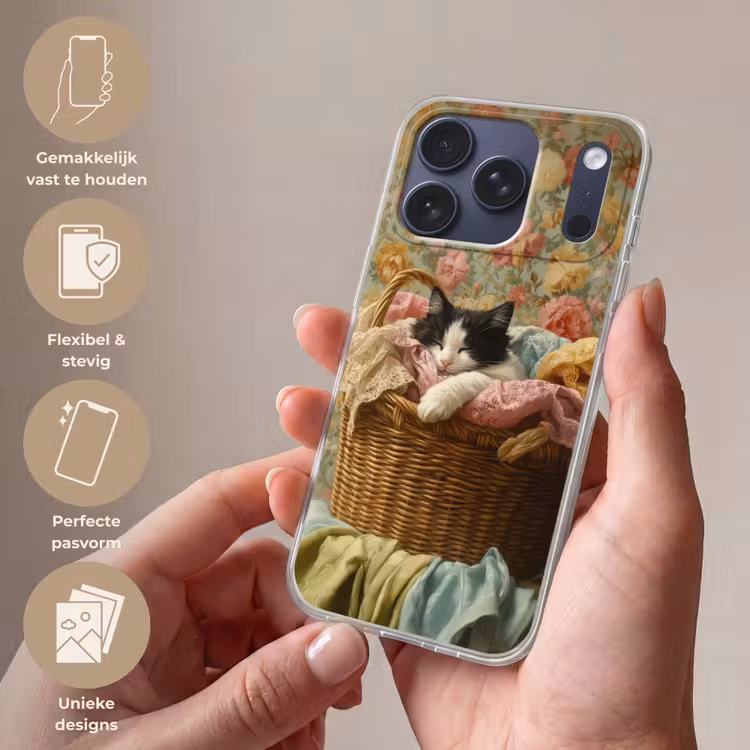 Telefoonhoesje Softcase - Kat - Bloemenprint - Rieten mand — 4