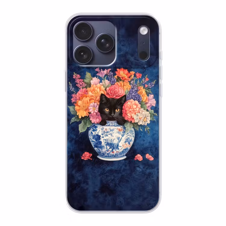 Telefoonhoesje Softcase - Kat - Felgekleurde bloemen - Vaas — 1