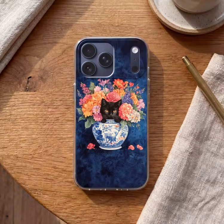 Telefoonhoesje Softcase - Kat - Felgekleurde bloemen - Vaas — 2