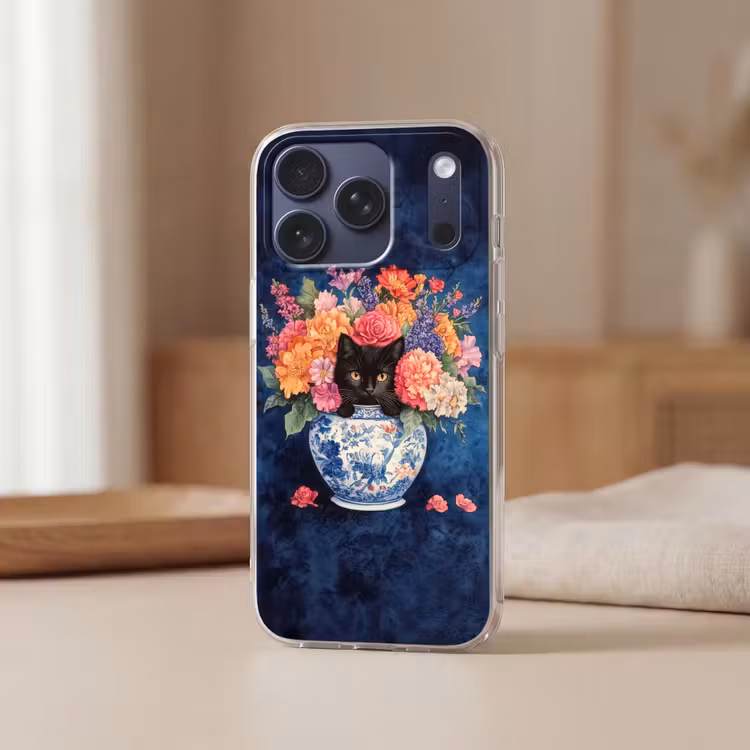 Telefoonhoesje Softcase - Kat - Felgekleurde bloemen - Vaas — 3