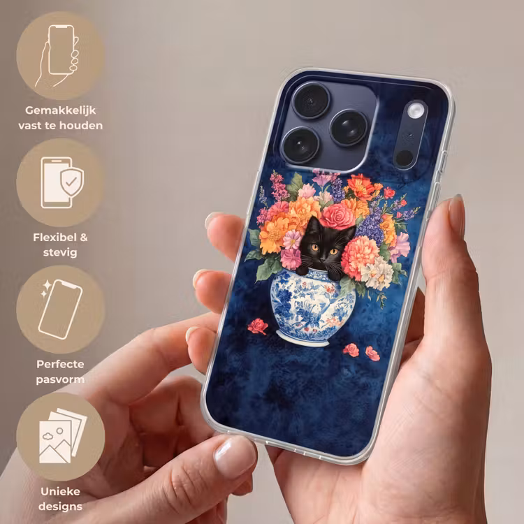 Telefoonhoesje Softcase - Kat - Felgekleurde bloemen - Vaas — 4