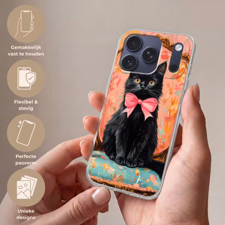 Telefoonhoesje Softcase - Kat - Roze - Stoel met bloemenmotief — 4