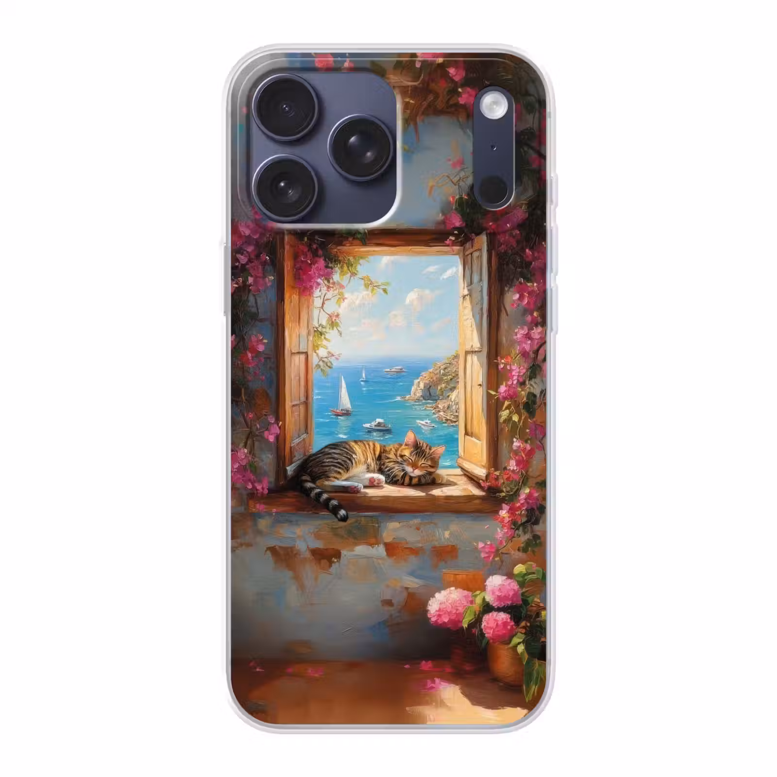 Telefoonhoesje Softcase - Kat - Blauwe zee - Roze bloemen — 1