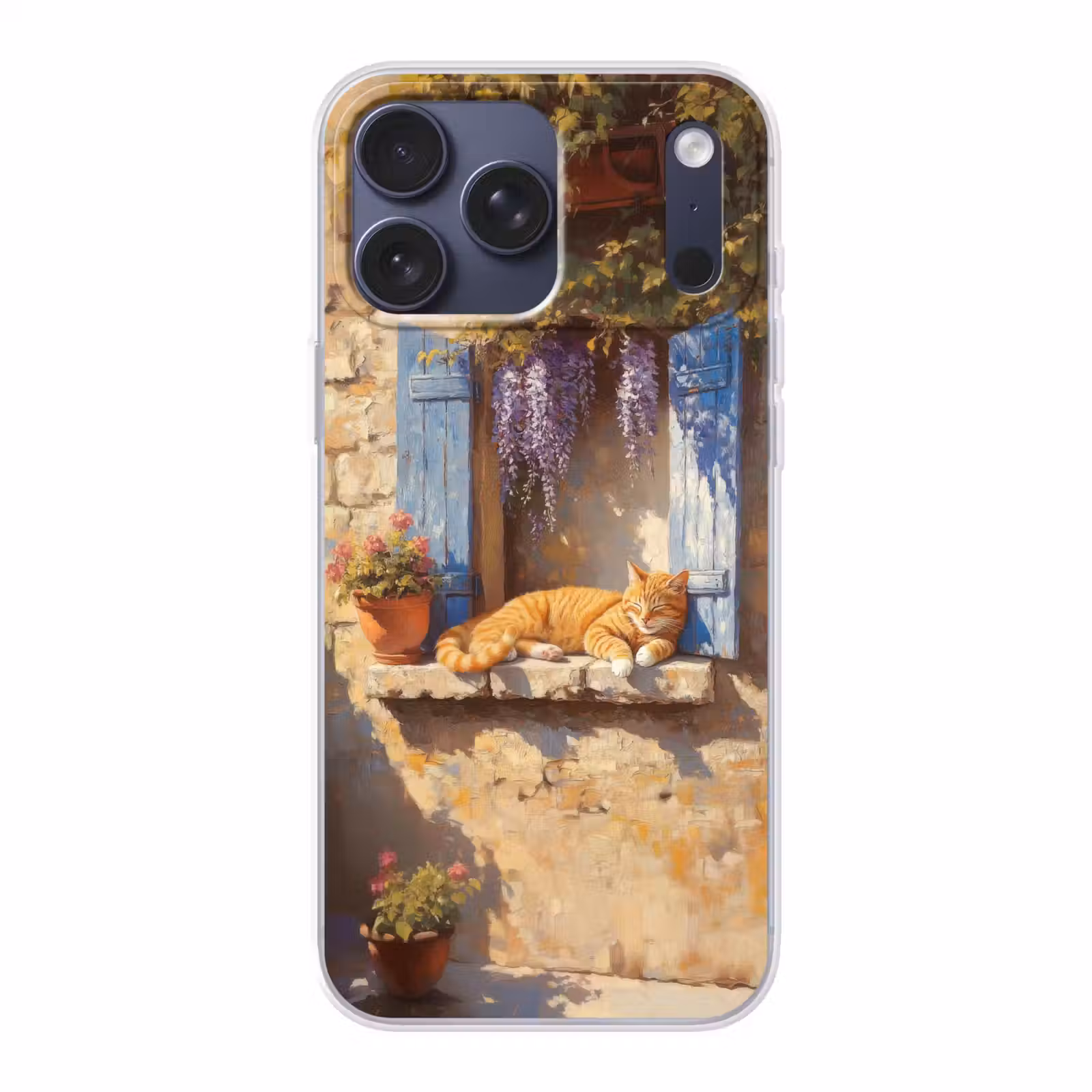 Telefoonhoesje Softcase - Kat - Stenen vensterbank - Bloemen — 1