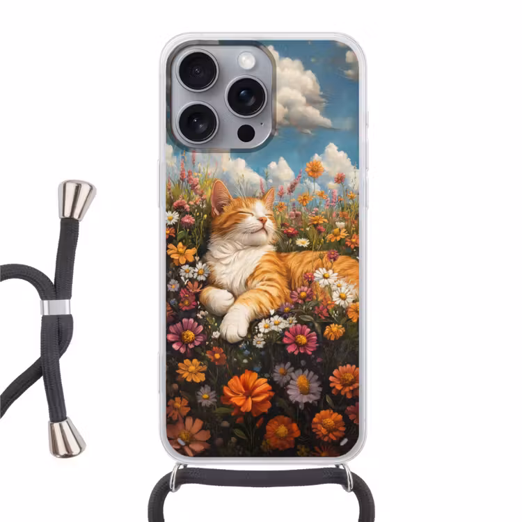 Telefoonhoesje met koord - Kat - Bloemen - Ontspannen — 1