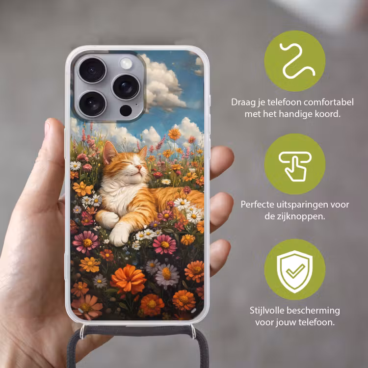 Telefoonhoesje met koord - Kat - Bloemen - Ontspannen — 4