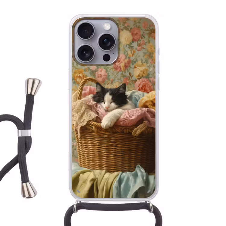 Telefoonhoesje met koord - Kat - Bloemenprint - Rieten mand — 1
