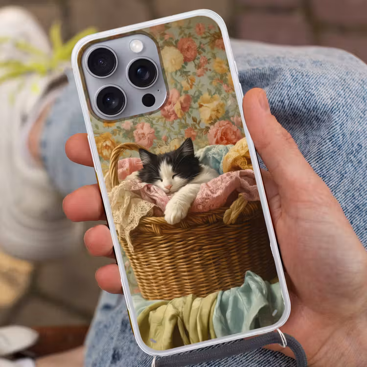 Telefoonhoesje met koord - Kat - Bloemenprint - Rieten mand — 2