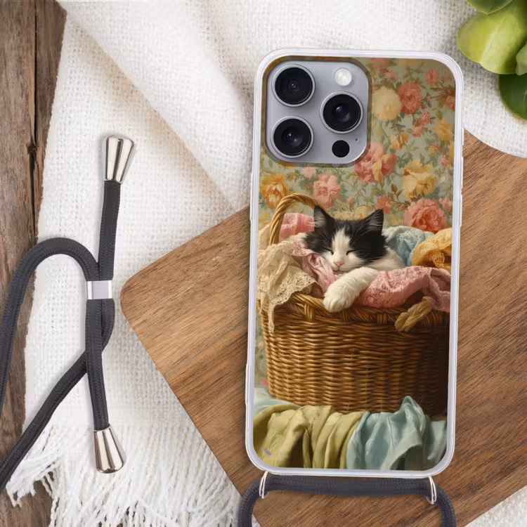 Telefoonhoesje met koord - Kat - Bloemenprint - Rieten mand — 3