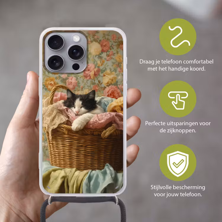 Telefoonhoesje met koord - Kat - Bloemenprint - Rieten mand — 4