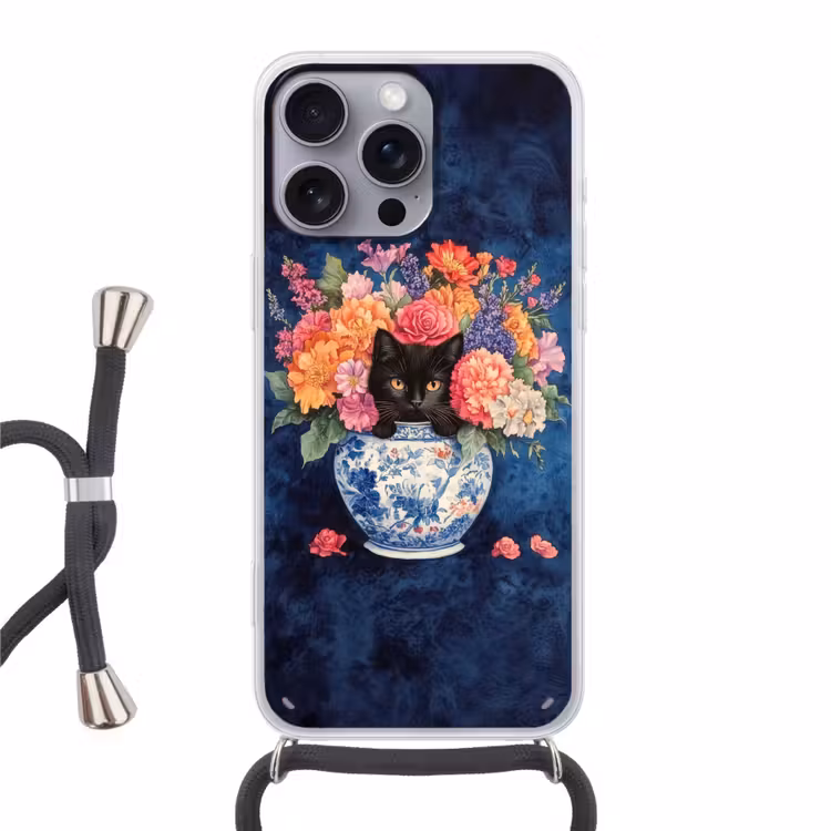 Telefoonhoesje met koord - Kat - Felgekleurde bloemen - Vaas — 1
