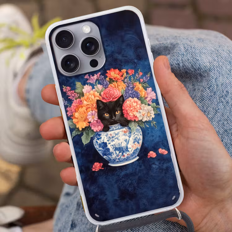 Telefoonhoesje met koord - Kat - Felgekleurde bloemen - Vaas — 2