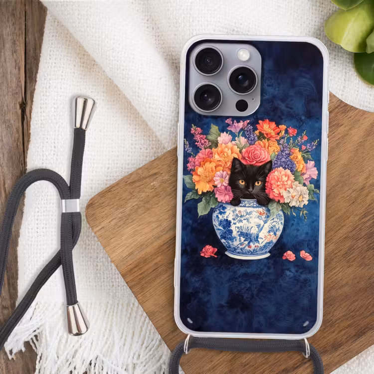 Telefoonhoesje met koord - Kat - Felgekleurde bloemen - Vaas — 3
