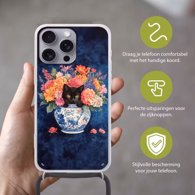 Telefoonhoesje met koord - Kat - Felgekleurde bloemen - Vaas — 4
